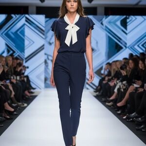 Adrianna Papell Blue and White Sailor Collar Cap Sleeve Blouse